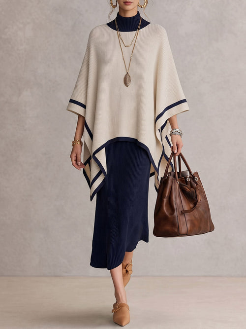 Women's Casual Loose Cape-style Dress Set (round Neck, 3/4 Sleeves) & Slim-fit Long-sleeve Dress (stand Collar)