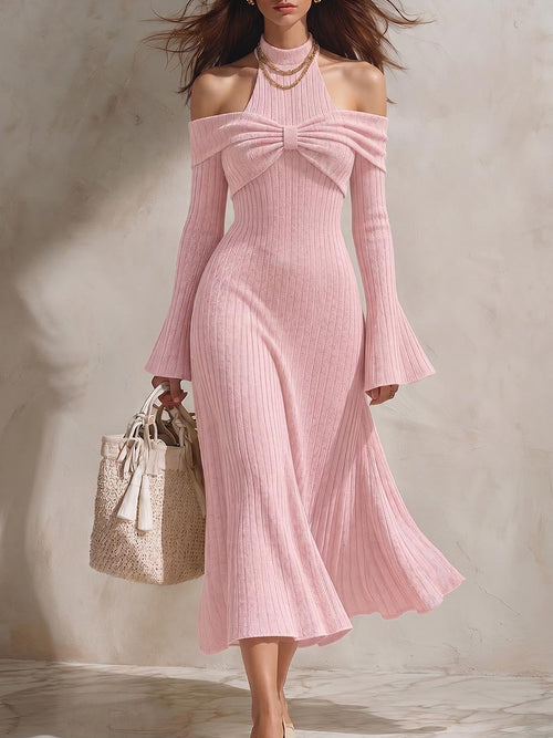 Women's Solid Color Stand-collar Off-shoulder Long-sleeve Casual Loose Knit A-line Dress