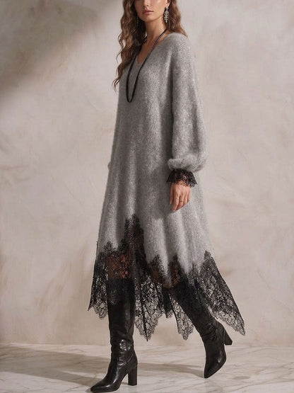 Women's V-neck Long-sleeve Casual Loose-fit Knit Dress With Lace Paneling And Subtle Shimmer