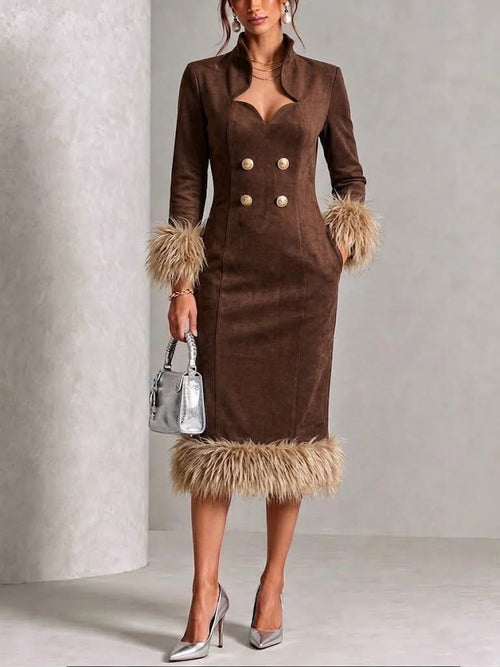 Faux Suede Slim-fit Midi Dress With Raw-edge Paneling