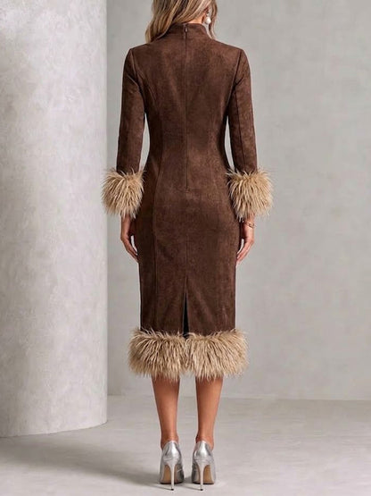 Faux Suede Slim-fit Midi Dress With Raw-edge Paneling