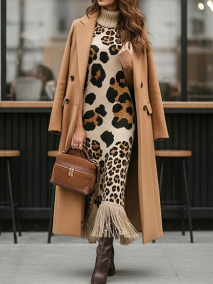 Bohemian Leopard-print Sleeveless Turtleneck Knit Midi Dress