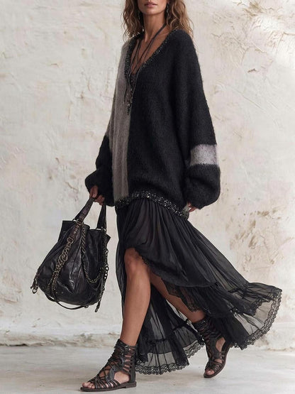 Women's V-neck Long-sleeve Color-block Knit And Mesh Panel Dress